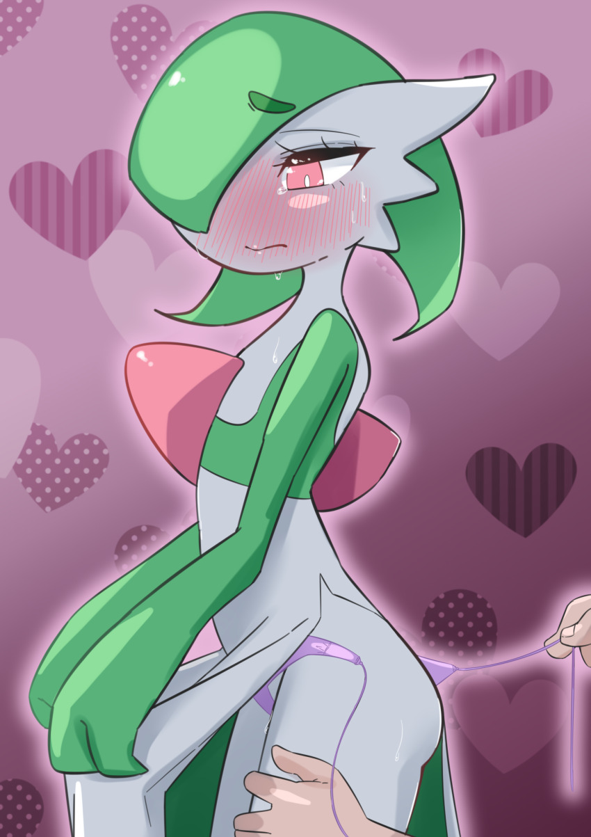 1girl blush colored_skin commentary_request dress gardevoir gen_3_pokemon green_skin hair_over_one_eye heart heart_background highres m3_(gardevoir_m3) multicolored_skin nintendo out_of_frame panties pink_background pink_eyes pokemon pokemon_(creature) pokephilia side-tie_panties string_panties sweat two-tone_skin underwear undressing white_dress white_skin