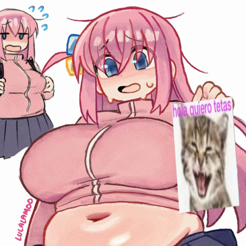 1girl animal_ears backpack bag black_bag black_skirt blue_eyes bocchi_the_rock! breasts cat cube_hair_ornament fat flying_sweatdrops gotoh_hitori hair_ornament hand_up huge_breasts jacket jitome lulalamoo meme meme_inset messy_hair navel one_side_up open_mouth pink_hair pink_track_suit shaded_face signature simple_background skirt spanish_text sweat track_jacket track_suit white_background