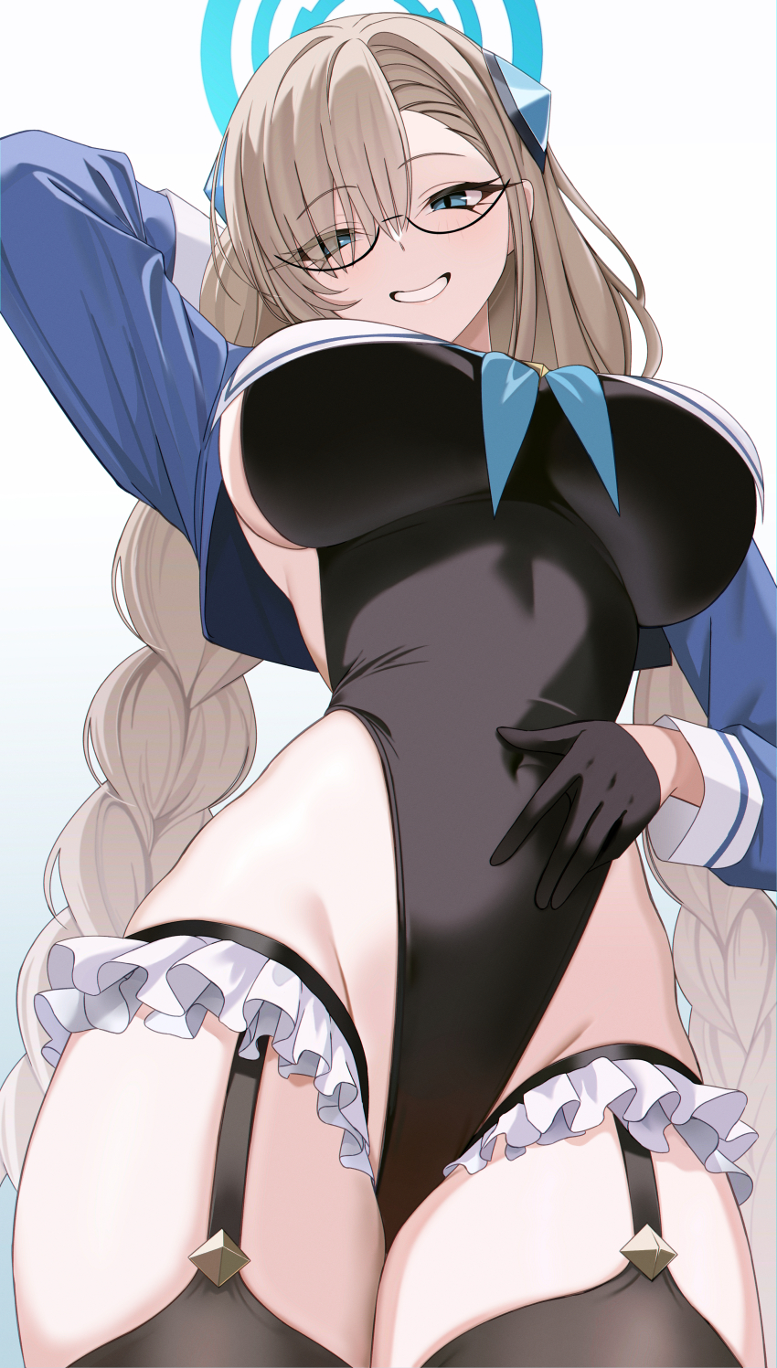 1girl absurdres arm_behind_head arm_up asuna_(blue_archive) bine_kun black-framed_eyewear black_gloves black_thighhighs blonde_hair blue_archive blue_eyes blue_halo blue_neckerchief blue_shrug blue_trim braid breasts commentary cosplay covered_navel english_commentary frills from_below garter_straps glasses gloves groin hair_between_eyes hair_ornament hair_over_one_eye halo hand_on_own_stomach highleg highleg_leotard highres large_breasts leotard long_hair long_sleeves looking_at_viewer looking_down low_twintails neckerchief parted_lips sailor_collar semi-rimless_eyewear shimiko_(blue_archive) shimiko_(blue_archive)_(cosplay) shimiko_(magical)_(blue_archive) shrug_(clothing) sideboob simple_background smile solo standing super_highleg thighhighs thighs twin_braids twintails under-rim_eyewear very_long_hair white_background white_sailor_collar