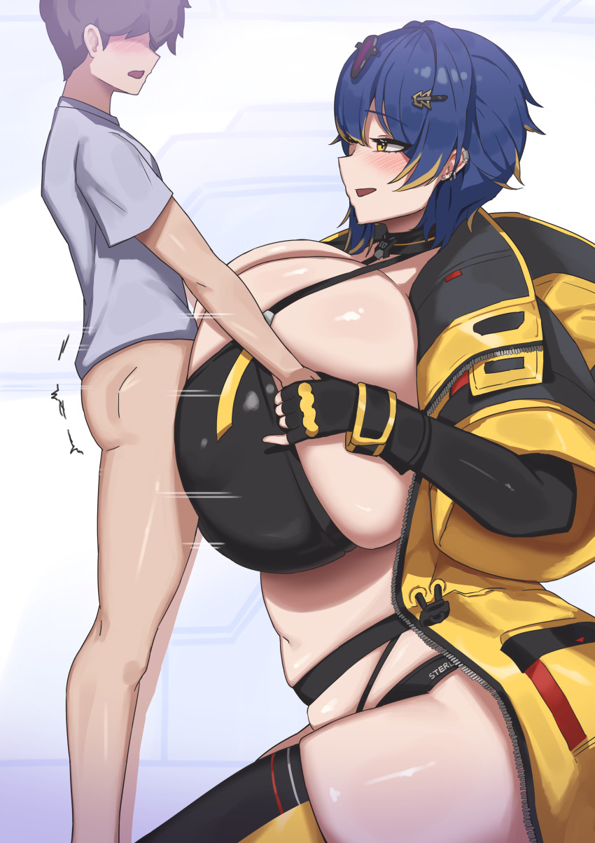 1boy 1girl age_difference breasts cccco cleavage huge_breasts large_breasts last_origin paizuri shota sterling_(last_origin)