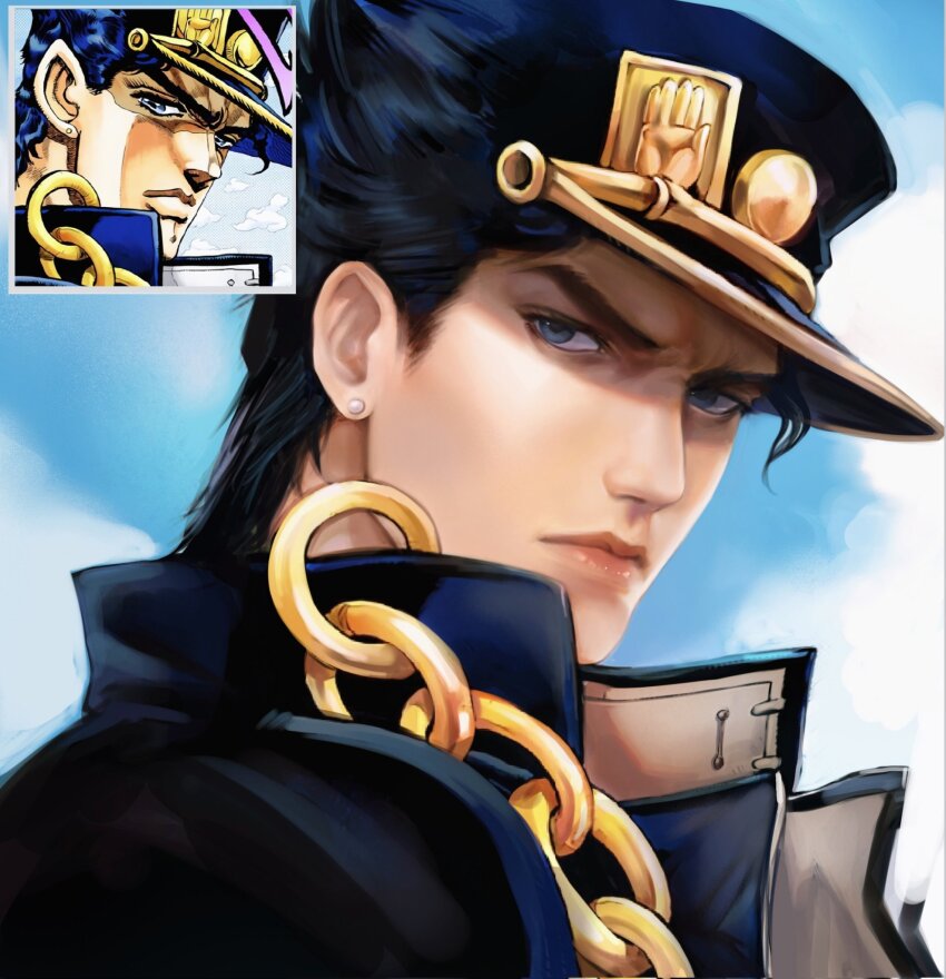 black_coat black_hair black_hat blue_eyes closed_mouth cloud coat collared_coat comic_panel_redraw commentary derivative_work english_commentary frown furrowed_brow hat highres jojo_no_kimyou_na_bouken kookirani kuujou_joutarou looking_at_viewer open_clothes open_coat peaked_cap popped_collar portrait reference_inset short_sideburns sideburns sky stardust_crusaders