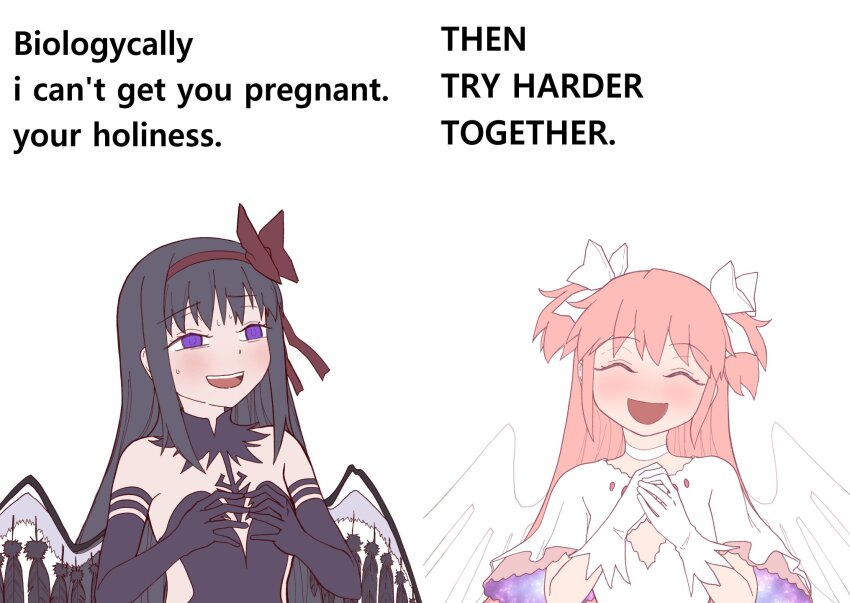 akemi_homura akuma_homura bare_shoulders black_collar black_dress black_feathers black_gloves black_hair black_wings bluecloud blush bow breasts choker cleavage_cutout closed_eyes closed_mouth clothing_cutout collar commentary detached_collar dress elbow_gloves english_commentary english_text feathered_wings feathers gloves hair_bow hair_ribbon hands_up highres implied_pregnancy kaname_madoka long_hair mahou_shoujo_madoka_magica open_mouth own_hands_together pink_hair purple_eyes red_bow red_ribbon ribbon simple_background small_breasts sweatdrop talking teeth ultimate_madoka upper_body upper_teeth_only white_background white_bow white_choker white_dress white_gloves white_wing wings