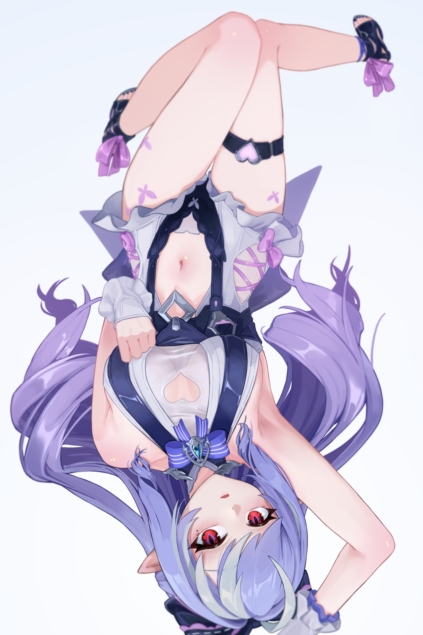 1girl absurdres animal_print arm_up armpits bare_shoulders blue_gem bow bowtie breasts butterfly_print clothing_cutout commentary_request drill_hair drill_sidelocks footwear_ribbon frilled_one-piece_swimsuit frilled_wrist_cuffs frills gem hair_bow heart_cutout highres large_breasts long_hair looking_at_viewer mole mole_under_eye nail_polish navel official_alternate_costume one-piece_swimsuit open_mouth open_towel pink_bow pink_ribbon pointy_ears purple_bow purple_bowtie purple_hair purple_nails red_eyes ribbon see-through_clothes sidelocks simple_background solo stomach_cutout swimsuit thigh_strap toenail_polish toenails towel two-tone_one-piece_swimsuit una_shizuku upside-down vivian_banshee vivian_banshee_(iris_of_the_shore) white_background white_one-piece_swimsuit wrist_cuffs zenless_zone_zero