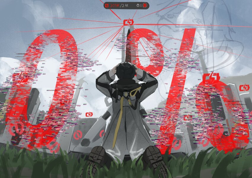 1boy absurdres arknights arknights:_endfield back black_hair cloud coat commentary endministrator_(arknights) english_commentary grey_coat hands_on_own_head highres hood hoodie ichira kneeling long_coat meadow shoes short_hair sky solo