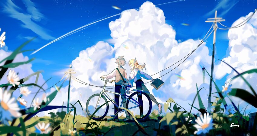 2boys :d ahoge alhaitham_(genshin_impact) appleboneeee bicycle black_pants black_shoes blonde_hair blue_sky blurry blurry_foreground braid briefcase brown_sweater_vest cable chinese_commentary cloud collared_shirt commentary_request contrail cumulonimbus_cloud day facing_away feather_hair_ornament feathers flower genshin_impact grass green_hair grey_hair hair_ornament headphones highres holding_hands kaveh_(genshin_impact) long_hair long_sleeves male_focus multicolored_hair multiple_boys open_mouth outdoors pants power_lines puffy_long_sleeves puffy_sleeves scenery school_briefcase school_uniform shirt shoes short_hair sky smile standing sweater_vest utility_pole walking white_flower white_shirt white_shoes x_hair_ornament yaoi