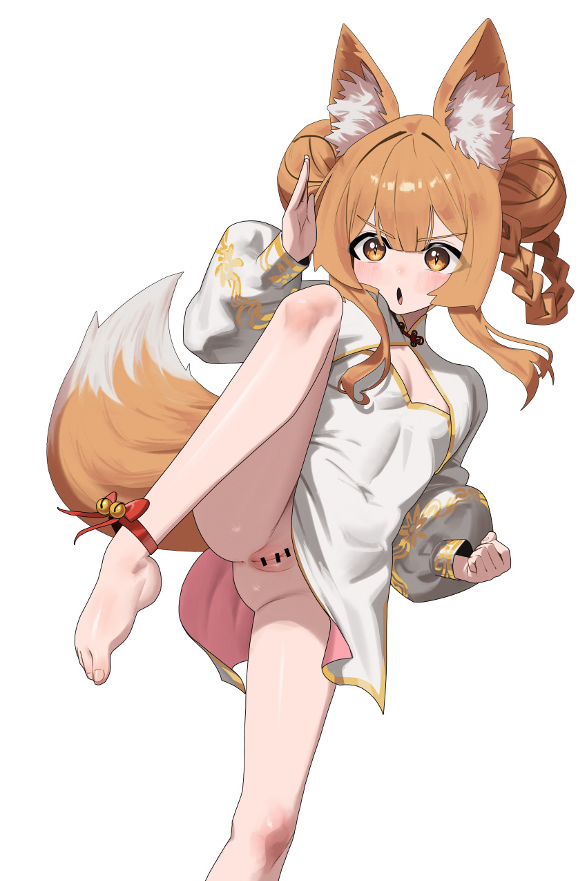 1girl absurdres animal_ears anus ayuda bar_censor braid braided_hair_rings breasts brown_eyes censored china_dress chinese_clothes cleft_of_venus double_bun dress fighting_stance fox_ears fox_girl hair_bun hair_rings highres leg_lift loli no_panties open_mouth original pussy simple_background slit_pupils small_breasts solo white_background white_dress