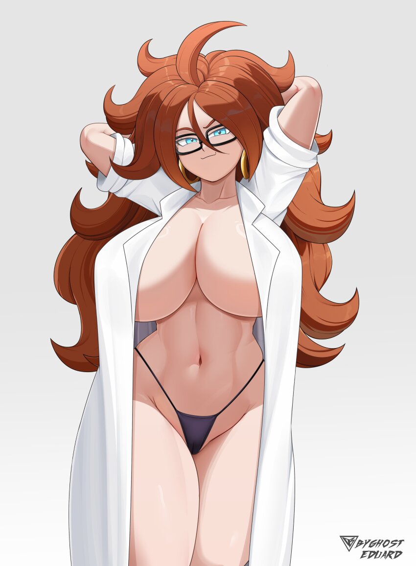 1girl absurdres android_21 arms_behind_head arms_up blue_eyes breasts brown_hair byghosteduard curvy dragon_ball earrings female_focus glasses highres hoop_earrings huge_breasts jewelry lab_coat long_hair looking_at_viewer navel no_bra panties solo thick_thighs thighs underwear