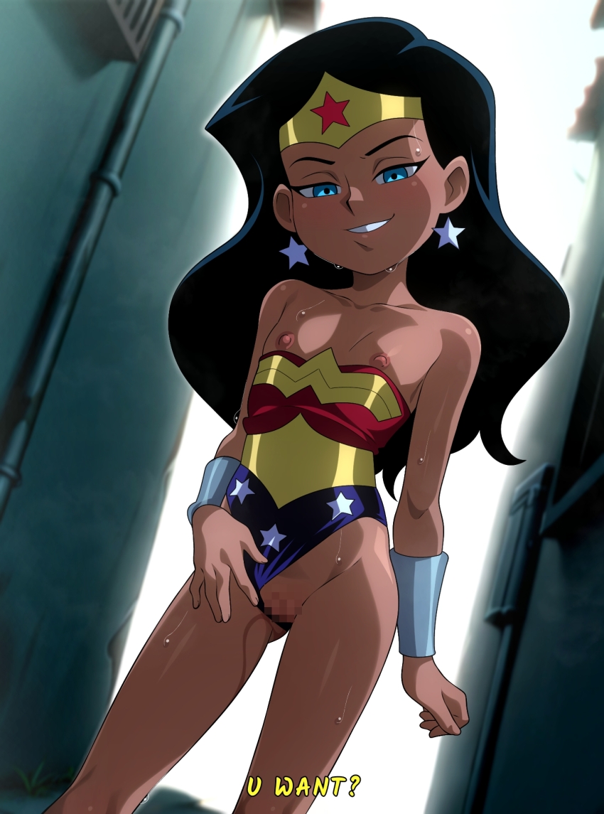 1girl aged_down black_hair blue_eyes censored clothing_aside commentary dc_comics earrings english_text flat_chest grin highres jewelry leotard leotard_aside loli long_hair looking_at_viewer mosaic_censoring nipples pussy smile solo star_(symbol) star_earrings sweat uroboros_(dhmv3484) wonder_woman wonder_woman_(series)