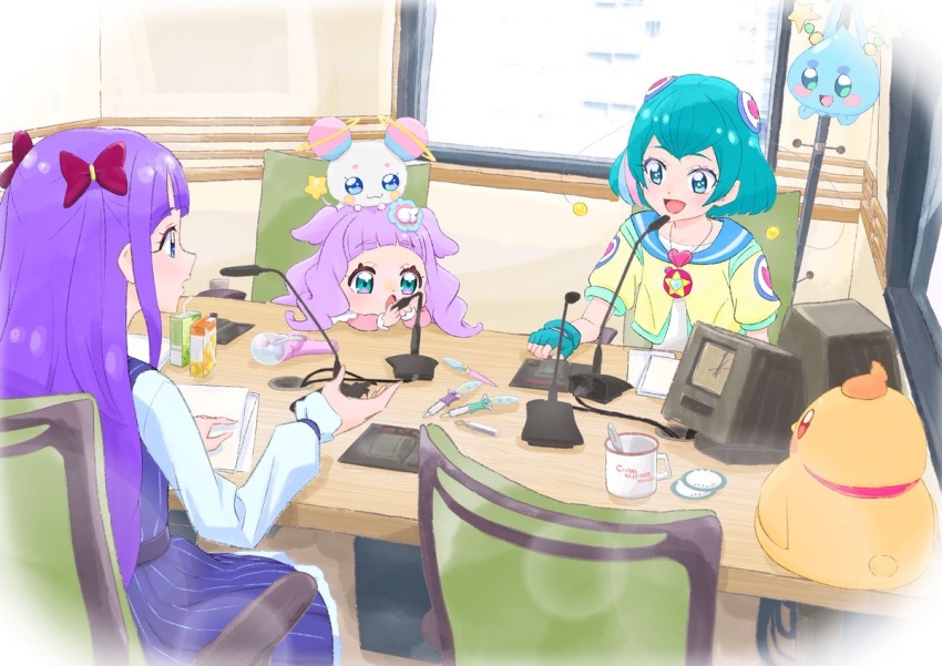 3girls alien aqua_eyes aqua_gloves aqua_hair blue_dress bob_cut bow chair charm_(object) child coffee_mug commentary cup dress drink_carton ellee-chan fingerless_gloves fuwa_(precure) gloves hagoromo_lala hair_bow hair_ornament hirogaru_sky!_precure in-franchise_crossover indoors itaoka1 juice_box kaguya_madoka long_sleeves looking_at_another microphone mirage_pen mug multiple_girls on_chair open_mouth paper pinafore_dress precure prunce_(precure) purple_hair red_bow shirt short_hair short_sleeves sitting sky_mirage sleeveless sleeveless_dress smile star-shaped_pupils star_(symbol) star_color_pen star_pendant star_twinkle_precure symbol-shaped_pupils table two_side_up white_dress white_shirt window yellow_shirt yuunagi_tsubasa yuunagi_tsubasa_(bird)