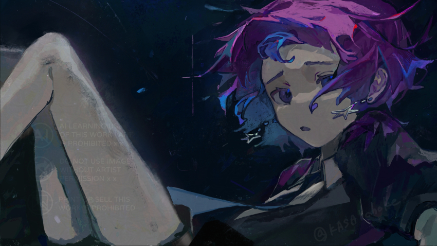 1girl collared_shirt commentary_request commission earrings floating_hair highres jewelry necktie original partial_commentary shirt short_hair solo star_(symbol) star_earrings ttt_nitizyo twitter_username