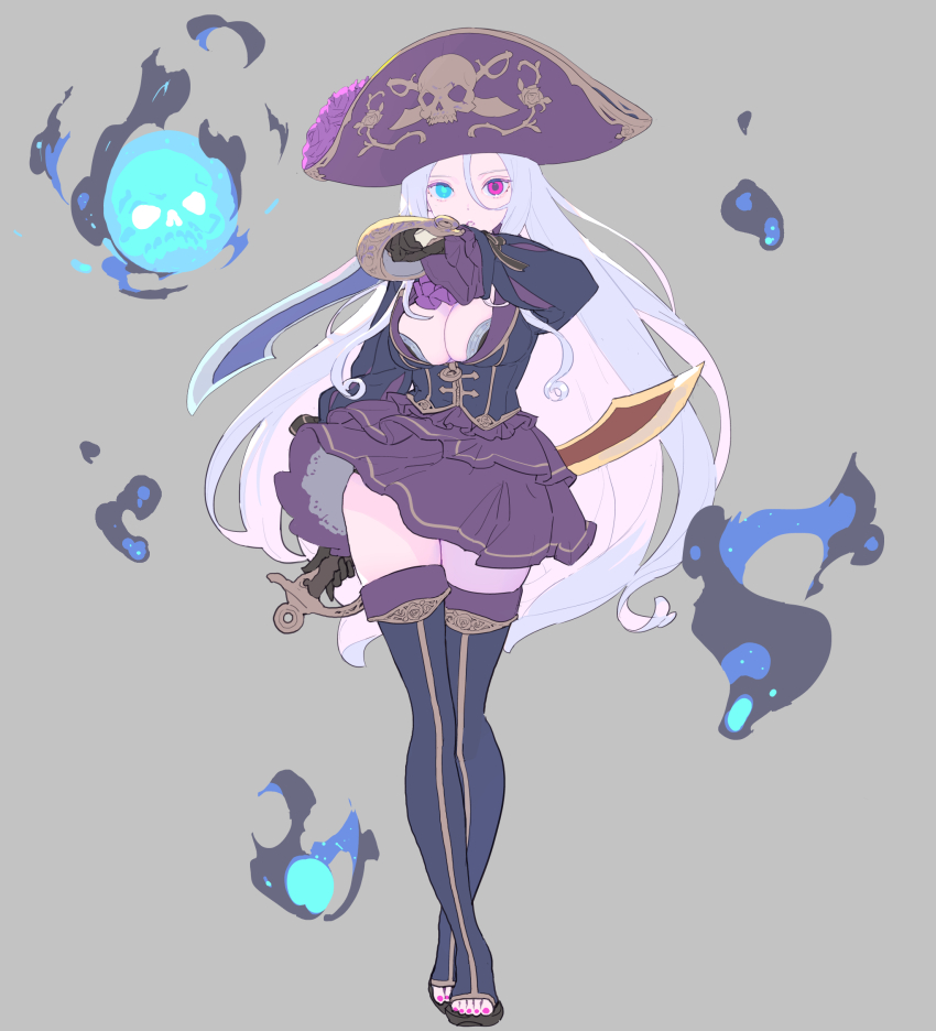 1girl albino_pirate_(enkyo_yuuichirou) bicorne black_bra black_gloves black_jacket blue_boots blue_eyes blue_fire boots bra bra_peek breasts cleavage crossed_legs dot_nose dual_wielding enkyo_yuuichirou fighting_stance fire floating_skull flower gloves grey_background hair_between_eyes hat hat_flower heterochromia highres holding jacket large_breasts layered_skirt long_hair long_sleeves looking_at_viewer magic miniskirt nail_polish original parted_lips pink_eyes pirate_hat purple_flower purple_rose purple_skirt reverse_grip revision rose scimitar skirt skull solo standing sword thigh_boots toeless_legwear toenail_polish toenails underwear very_long_hair watson_cross weapon wind wind_lift
