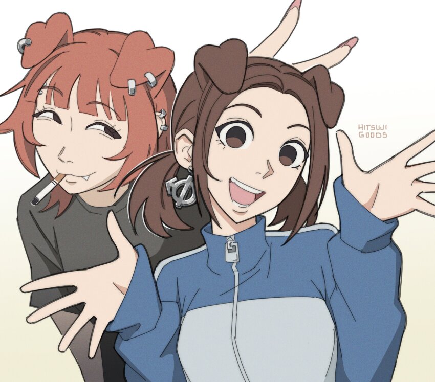 2girls absurdres animal_ears artist_name black_shirt blue_jacket brown_eyes brown_hair bunny_ears_prank cigarette commentary dog_ears dog_girl ear_piercing empty_eyes eyebrow_piercing face_piercing fang highres hitsuji_(hitsujigoods) jacket mitsu_(hitsujigoods) multiple_girls open_mouth original piercing shirt signature simon_(ttgl) sleeves_past_wrists smile smirk smoking track_jacket twintails vivi_(hitsujigoods)