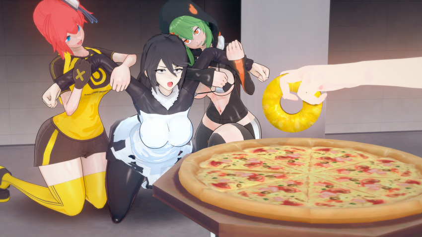 4girls aiba_ami bikini casino_(film) digimon digimon_story:_cyber_sleuth food fruit highres how_to_torture_an_italian_(meme) joe_pesci kamishiro_yuuko looking_at_another meme multiple_girls pineapple pizza shinomiya_rina skirt swimsuit what bad_tag wide_hips