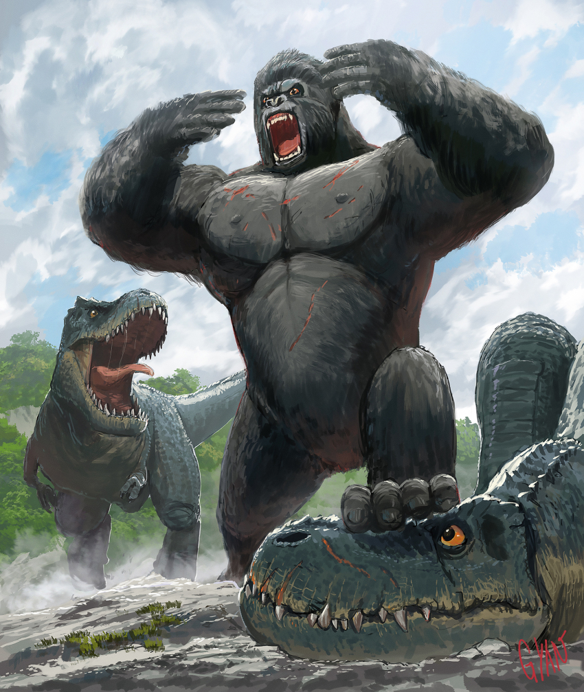 abs ape artist_name bleeding blood claws day dinosaur facial_scar fangs giant giant_monster gorilla gyan_(akenosuisei) highres jungle king_kong king_kong_(2005) king_kong_(series) monster muscular muscular_other nature no_humans open_mouth orange_eyes pectorals rainforest roaring scar scar_on_cheek scar_on_chest scar_on_face scar_on_nose scar_on_stomach sharp_teeth signature signed tail teeth tongue tree universal_studios vastatosaurus_rex wingnut_films