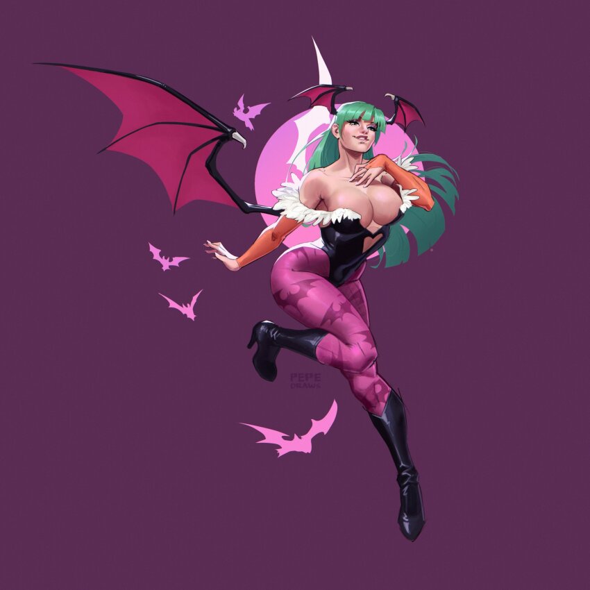 1girl animal_print artist_name bat_(animal) bat_print bat_wings black_boots black_leotard blue_eyes blue_eyeshadow blunt_bangs blunt_ends boots breasts bridal_gauntlets capcom clothing_cutout commentary darkstalkers demon_girl english_commentary eyeshadow full_body fur-trimmed_leotard fur_trim head_wings heart_cutout high_heel_boots high_heels highleg highleg_leotard highres large_breasts leotard long_hair looking_at_viewer makeup morrigan_aensland off-shoulder_leotard pantyhose parted_lips pepedraws pink_bridal_gauntlets pink_lips print_pantyhose purple_background purple_pantyhose purple_wings solo stomach_cutout wings