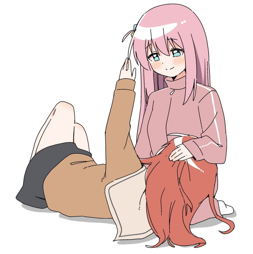 2girls arm_up bare_legs black_skirt blue_eyes blush bocchi_the_rock! commentary gotoh_hitori hair_between_eyes hand_on_another&#039;s_head haru_(konomi_150) highres jacket kita_ikuyo lap_pillow long_hair long_sleeves lying multiple_girls pink_hair pink_jacket red_hair school_uniform seiza shuka_high_school_uniform simple_background sitting skirt smile track_jacket white_background yuri