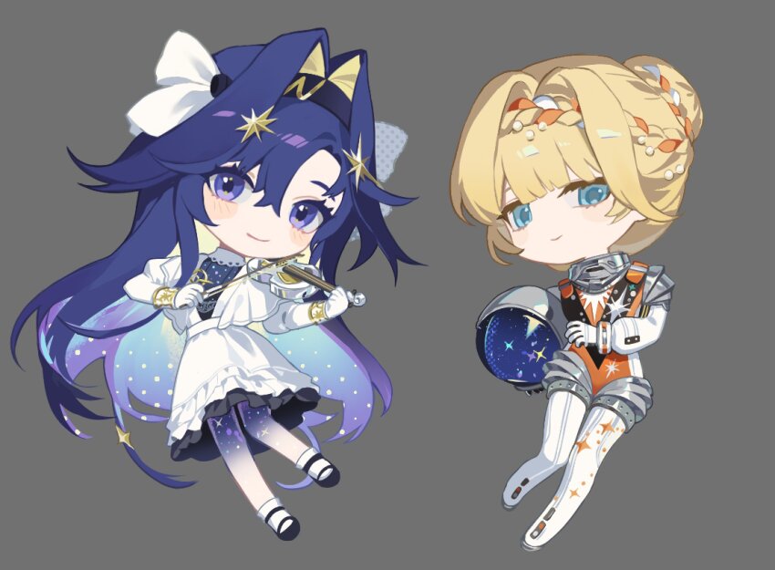 2girls black_hairband black_shoes blonde_hair blue_eyes bow_(music) braid braided_bangs chibi closed_mouth colored_inner_hair dress full_body gloves gradient_hair grey_background hair_bun hair_intakes hair_ornament hairband hashtag-only_commentary helmet highres holding holding_bow_(music) holding_instrument holding_unworn_helmet holding_violin instrument kiperina long_hair looking_at_viewer multicolored_hair multiple_girls music pelly.k playing_instrument reverse:1999 shoes smile socks solo space_helmet spacesuit star_(symbol) star_hair_ornament unworn_headwear unworn_helmet violin voyager_(reverse:1999) white_dress white_gloves white_socks