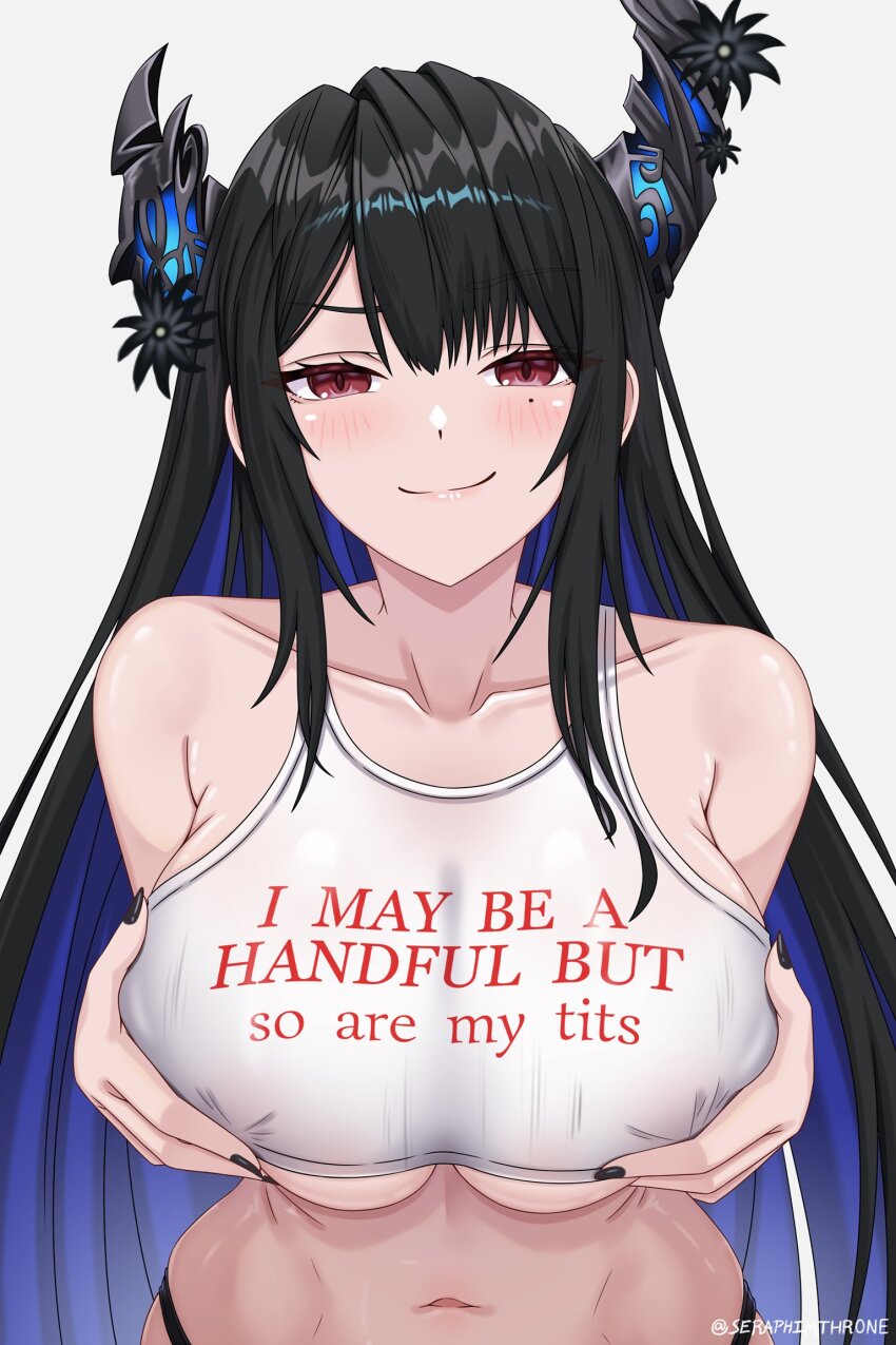 1girl alternate_costume artist_name asymmetrical_horns bare_shoulders black_hair blue_hair blush breasts clothes_writing colored_inner_hair commentary crop_top demon_girl demon_horns english_commentary eyebrows_hidden_by_hair flower grabbing_own_breast hands_on_own_chest highres hololive hololive_english horn_flower horns large_breasts long_hair looking_at_viewer midriff mole mole_under_eye multicolored_hair navel nerissa_ravencroft red_eyes seraphim_throne shirt sidelocks simple_background slit_pupils smile solo straight_hair swept_bangs twitter_username uneven_horns upper_body very_long_hair virtual_youtuber white_background white_shirt