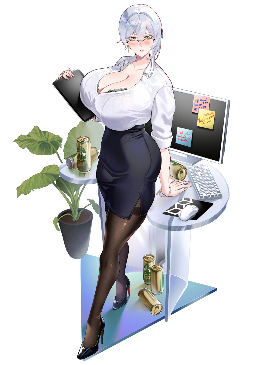 1girl absurdres alcohol arm_support beer beer_can black_bra black_pantyhose black_skirt blush bra bra_peek bracelet breasts can cleavage collared_shirt commentary_request computer computer_keyboard computer_mouse computer_tower desk dress_shirt drink_can earrings glasses high_heels highres holding holding_tablet_pc huge_breasts jewelry leaf looking_at_viewer mole mole_on_breast mole_under_eye monitor mousepad_(object) nyxcisme office_lady original pantyhose partially_unbuttoned pencil_skirt pink_nails plant potted_plant semi-rimless_eyewear shirt shirt_tucked_in short_hair_with_long_locks simple_background skirt sleeves_rolled_up sticky_note tablet_pc thighband_pantyhose underwear white_background white_hair white_shirt yellow_eyes
