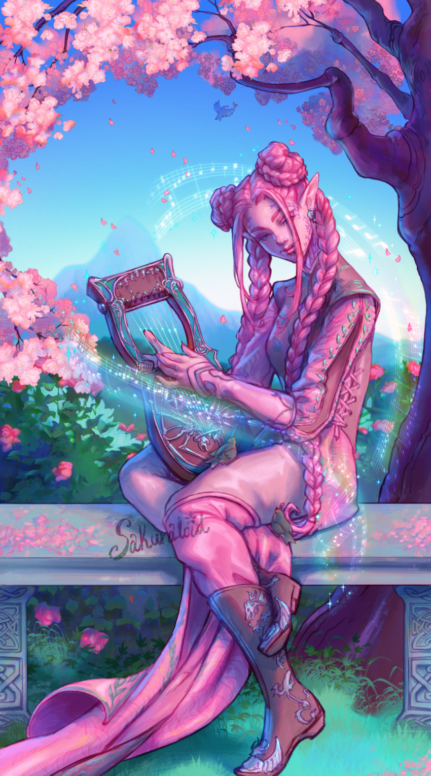 1girl artist_name baldur's_gate baldur's_gate_3 bard blue_sky boots braid braided_bun cherry_blossoms colored_skin commentary crossed_legs dungeons_&amp;_dragons dungeons_&amp;_dragons earrings edwin-kun elf english_commentary fantasy floral_print hair_bun highres holding_harp instrument jewelry lips long_hair looking_at_viewer music musical_note neck_tattoo original outdoors pink_hair pink_skin pink_theme playing_instrument pointy_ears sitting sky smile solo table tattoo tav_(baldur's_gate) tree twin_braids very_long_hair