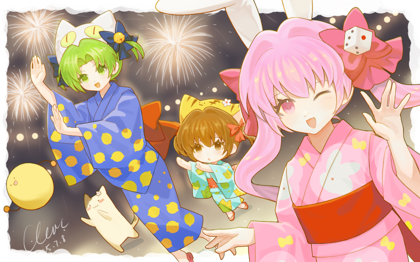 3girls absurdres aerial_fireworks alternate_costume animal_hat animal_print aqua_kimono bell blue_kimono bow brown_eyes brown_hair cat_hat cat_print child cleric_(greedyisland) commentary dancing dated dejiko di_gi_charat dice_hair_ornament dutch_angle english_commentary fireworks food_print fruit_print gema green_eyes green_hair hair_bell hair_bow hair_ornament hat highres hokke_mirin japanese_clothes jingle_bell kimono lemon_print long_hair long_sleeves looking_at_viewer multiple_girls one_eye_closed open_mouth pink_eyes pink_hair pink_kimono print_kimono puchiko short_twintails signature standing twintails usada_hikaru wide_sleeves