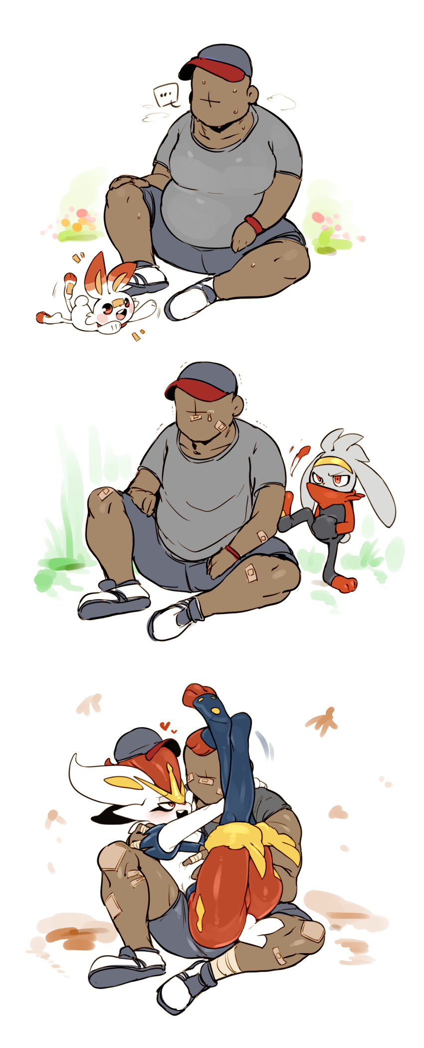 1boy 1other absurdres ambiguous_gender angry animal_ears animal_hands animal_nose ass bad_id bad_pixiv_id bandaid blush buck_teeth cinderace dark-skinned_male dark_skin doppel_(bonnypir) evolution evolutionary_line faceless faceless_male fat fat_man full_body furry furry_with_non-furry gen_8_pokemon grass highres hug interspecies looking_at_another moaning nintendo open_mouth pokemon pokemon_(creature) pokephilia progression rabbit_ears rabbit_tail raboot red_eyes scorbunny sequential shorts sitting smile sweat tail teeth timeskip upper_teeth_only white_background