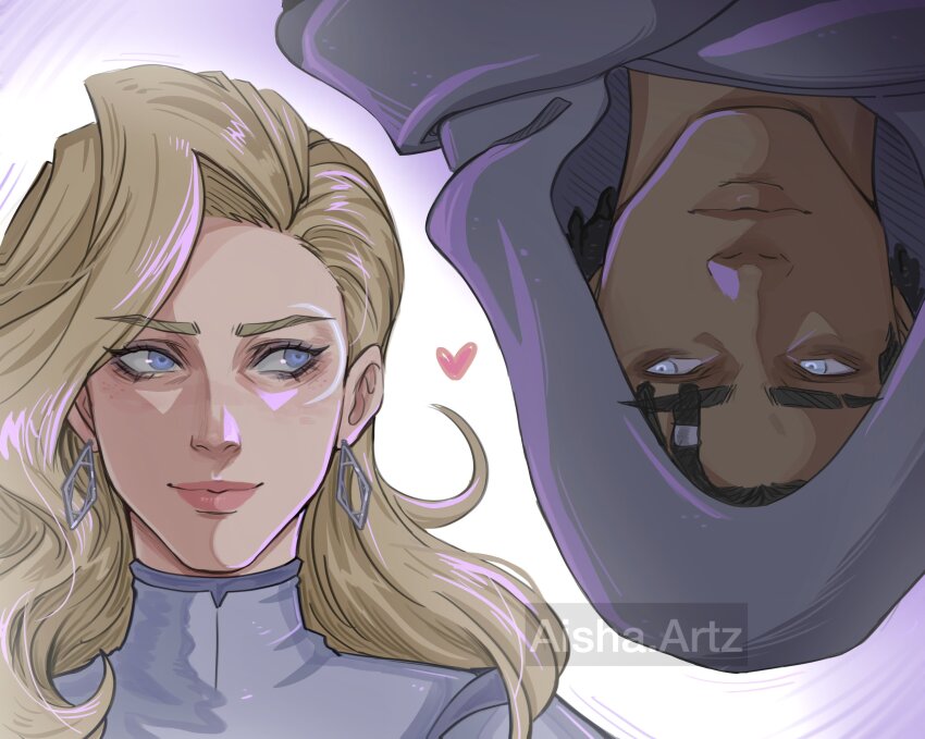 1boy 1girl absurdres artist_name artzaisha black_cloak black_hair blonde_hair blue_eyes bodysuit cloak cloak_(marvel) commentary couple crescent crescent_facial_mark dagger_(marvel) dark-skinned_male dark_skin dreadlocks earrings english_commentary eye_contact facial_mark freckles hetero highres jewelry long_hair looking_at_another looking_to_the_side marvel marvel_rivals pink_lips portrait smile white_bodysuit