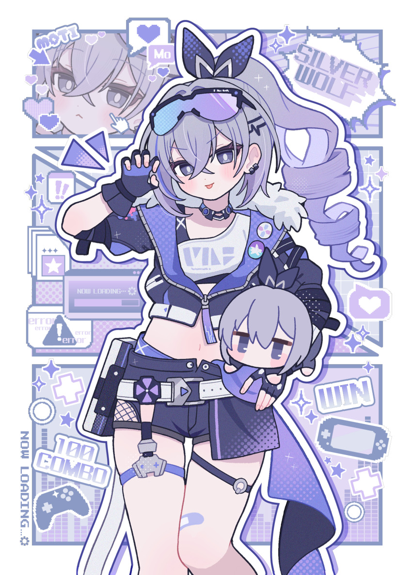 1girl :p absurdres bandaid belt chibi choker commentary_request controller crop_top drill_hair drill_ponytail earrings english_text eyewear_on_head fingerless_gloves fishnets game_controller gloves grey_eyes grey_hair hair_ornament hairclip heart highres honkai:_star_rail honkai_(series) jacket jewelry light_blush midriff multicolored_hair navel omuyan open_clothes open_jacket shorts silver_wolf_(honkai:_star_rail) single_earring skindentation sparkle streaked_hair thigh_gap thigh_strap tongue tongue_out v-shaped_eyebrows zipper