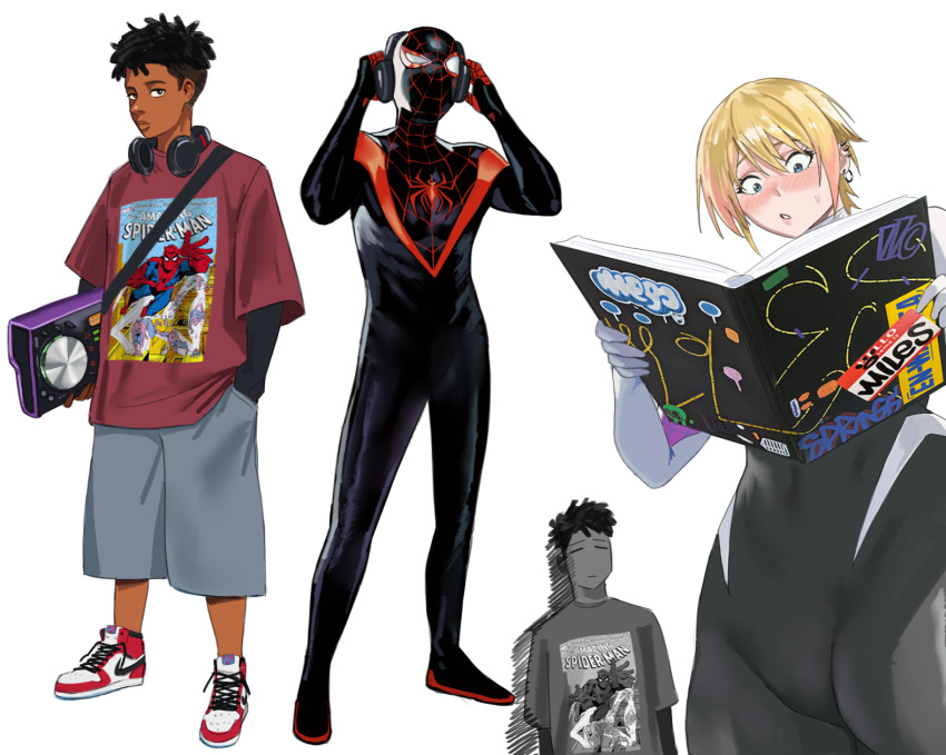 1boy 1girl animal_print asymmetrical_hair black_hair blonde_hair blue_eyes blush bodysuit commentary dark-skinned_male dark_skin earrings english_commentary gwen_stacy highres jewelry looking_at_viewer marvel mask miles_morales mugi_(mugit49) nike_(company) original short_hair sidecut simple_background spider-gwen spider-man spider-man:_across_the_spider-verse spider-man:_into_the_spider-verse spider-man_(miles_morales) spider-man_(series) spider-verse spider_print spider_web_print superhero_costume undercut untied_shoelaces very_dark_skin