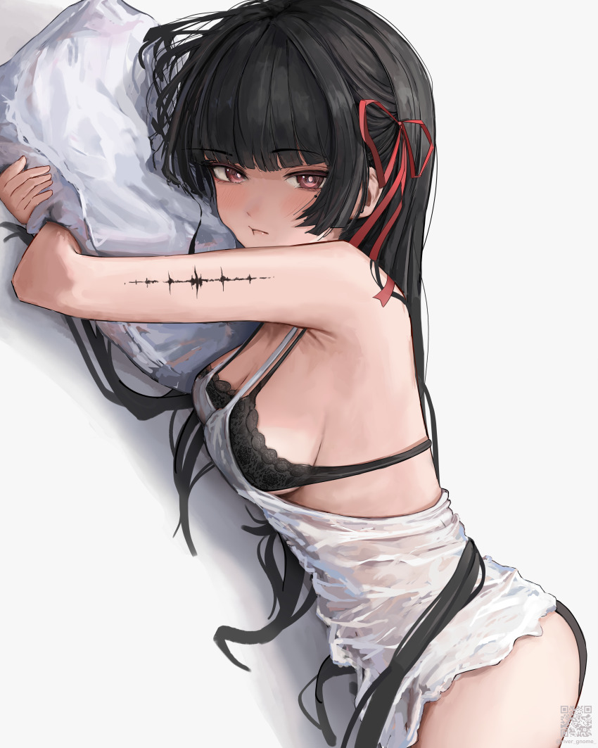 1girl absurdres ass black_bra black_hair black_panties blunt_bangs bra breasts camisole chisa_(wuthering_waves) closed_mouth commentary from_side hair_ribbon highres hugging_object large_breasts long_hair looking_at_viewer lying mole mole_under_eye on_stomach panties pillow pillow_hug red_eyes red_ribbon ribbon riuv187567 sidelocks sideways solo tacet_mark_(wuthering_waves) thighs underwear very_long_hair white_camisole wuthering_waves
