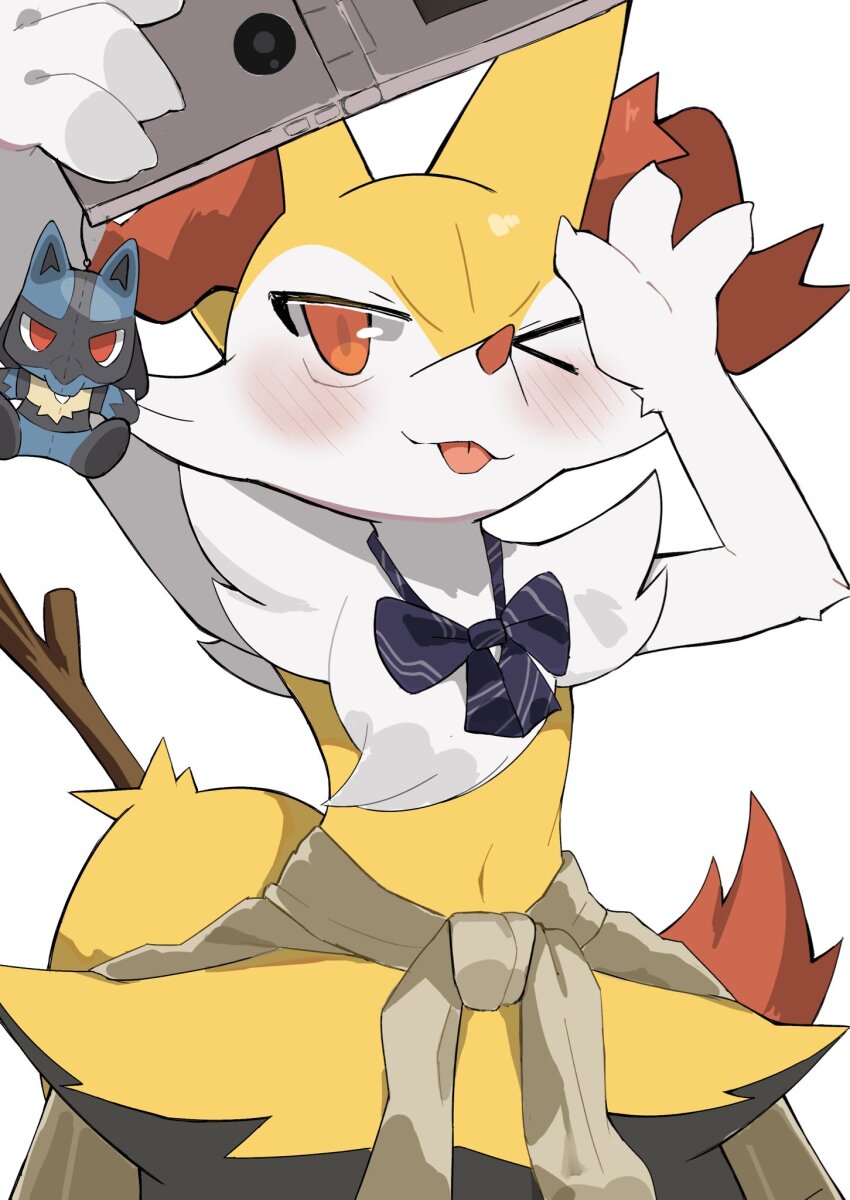 1girl :3 animal_ear_fluff animal_ears animal_nose arms_up aya_tsuji black_fur blue_bow blue_bowtie blush body_fur bow bowtie braixen cellphone character_charm charm_(object) closed_mouth clothes_around_waist female_focus flat_chest flip_phone fox_ears fox_girl fox_tail furry furry_female gen_4_pokemon gen_6_pokemon grey_sweater happy looking_at_phone looking_up lucario multicolored_fur navel neck_fur nintendo one_eye_closed outstretched_arm phone pokemon pokemon_(creature) red_eyes selfie simple_background smile snout solo standing stick stomach sweater sweater_around_waist tail tongue tongue_out waving white_background white_fur yellow_fur