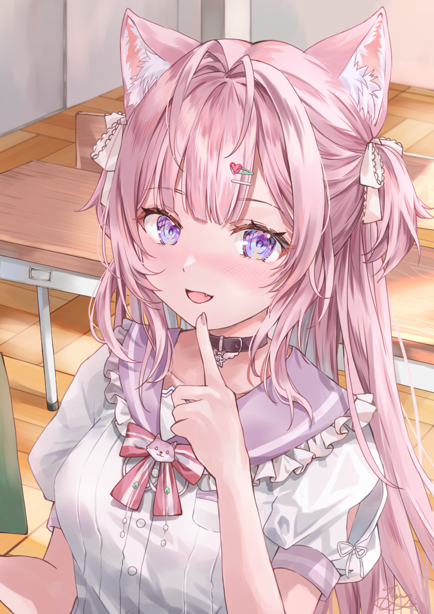 1girl :d absurdres animal_ear_fluff animal_ears black_choker blue_eyes blunt_bangs blush bow bowtie choker classroom commentary_request eyelashes fang fingernails frilled_shirt_collar frills hair_intakes hair_ornament hair_ribbon hairclip hakui_koyori hand_up heart heart_hair_ornament highres hololive index_finger_raised indoors long_hair looking_at_viewer open_mouth parallel_hairclips pink_hair puffy_short_sleeves puffy_sleeves red_bow red_bowtie ribbon shirt short_sleeves signature smile solo striped_bow striped_bowtie striped_clothes tsumugi-t two_side_up upper_body very_long_hair virtual_youtuber white_ribbon white_shirt wolf_ears wolf_girl