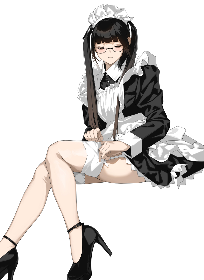 1girl absurdres adjusting_clothes adjusting_legwear apron black-framed_eyewear black_dress black_hair black_ribbon black_shoes blunt_bangs brown_eyes closed_mouth commentary_request dress hair_ribbon high_heels highres long_sleeves maid_headdress mole mole_on_neck original ribbon round_eyewear shoes simple_background solo thighhighs white_apron white_thighhighs yykuaixian