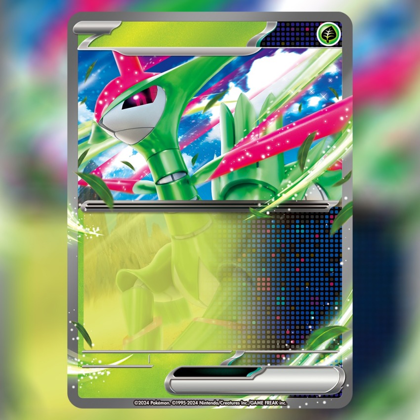 3d 5ban_graphics black_sclera blue_sky card_(medium) closed_mouth cloud colored_sclera commentary company_name copyright_name copyright_notice day english_commentary iron_leaves leaf motion_blur nintendo no_humans non-humanoid_robot official_art pink_eyes pixel_eyes pokemon pokemon_(creature) pokemon_card pokemon_focus pokemon_tcg robot robot_animal sky solo sparkle third-party_source trading_card
