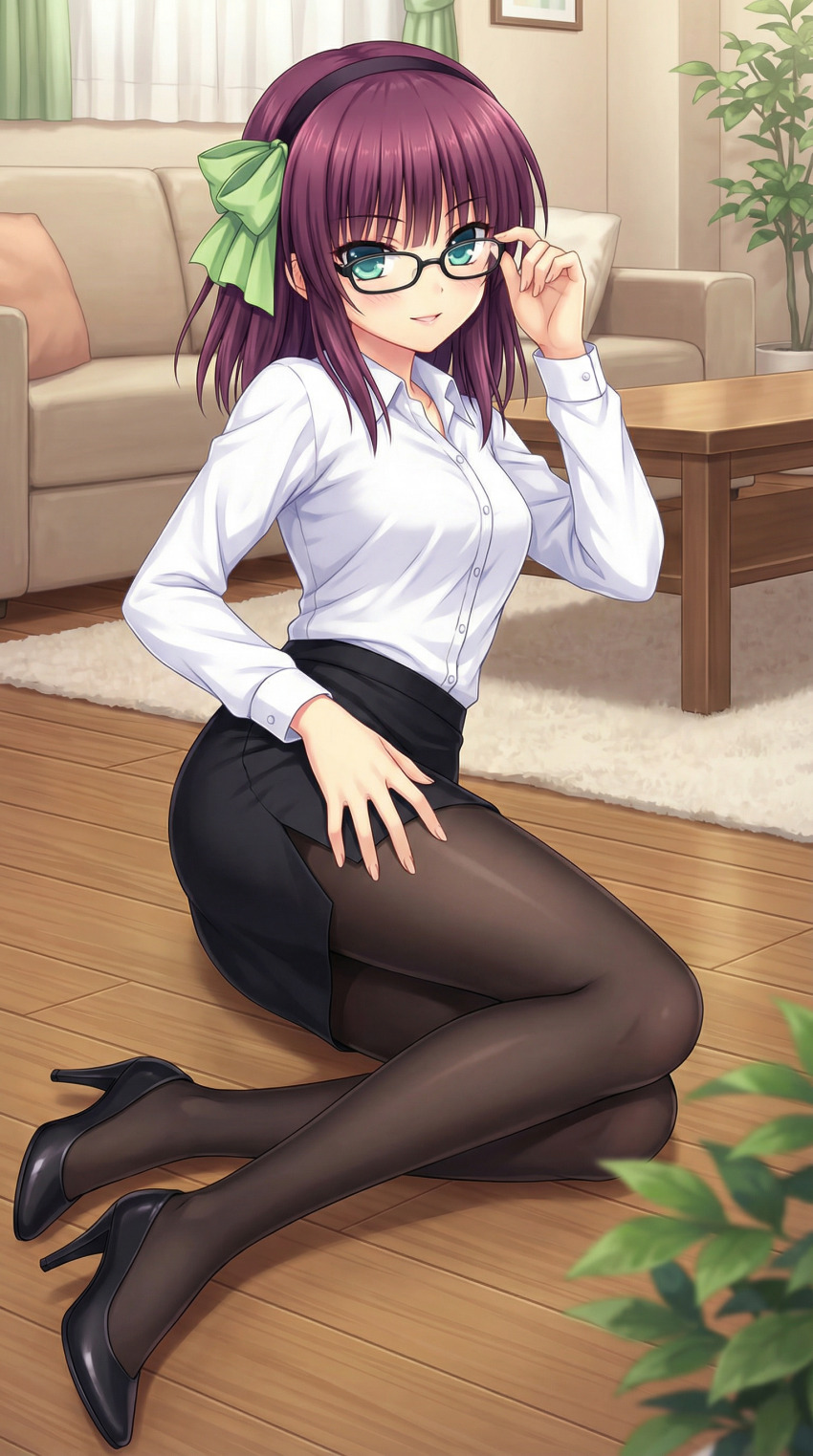 1girl absurdres angel_beats! aqua_eyes black_hairband black_pantyhose black_skirt breasts cap_(user_dxfj5558) commentary_request glasses hairband highres indoors living_room looking_at_viewer medium_breasts medium_hair miniskirt nakamura_yuri pantyhose pencil_skirt purple_hair shirt sitting skirt solo white_shirt yokozuwari