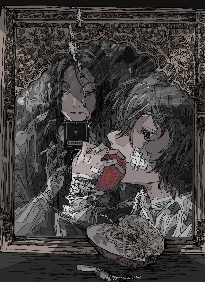 2boys absurdres apple apple_slice ateveryone bandaged_arm bandaged_neck bandages between_fingers black_eyes black_hair bungou_stray_dogs camera chinese_commentary cigarette closed_eyes coat collared_shirt commentary_request covered_mouth dazai_osamu_(bungou_stray_dogs) expressionless facing_viewer food fruit gauze gauze_on_cheek gloves grey_coat grey_gloves hair_between_eyes hair_over_shoulder hand_up highres holding holding_camera holding_cigarette holding_food holding_fruit long_sleeves looking_ahead low_ponytail male_focus medium_hair mirror mori_ougai_(bungou_stray_dogs) multiple_boys parted_lips ponytail portrait reflection reflection_focus shirt short_hair smile stole table twin-lens_reflex_camera upper_body white_shirt wooden_table