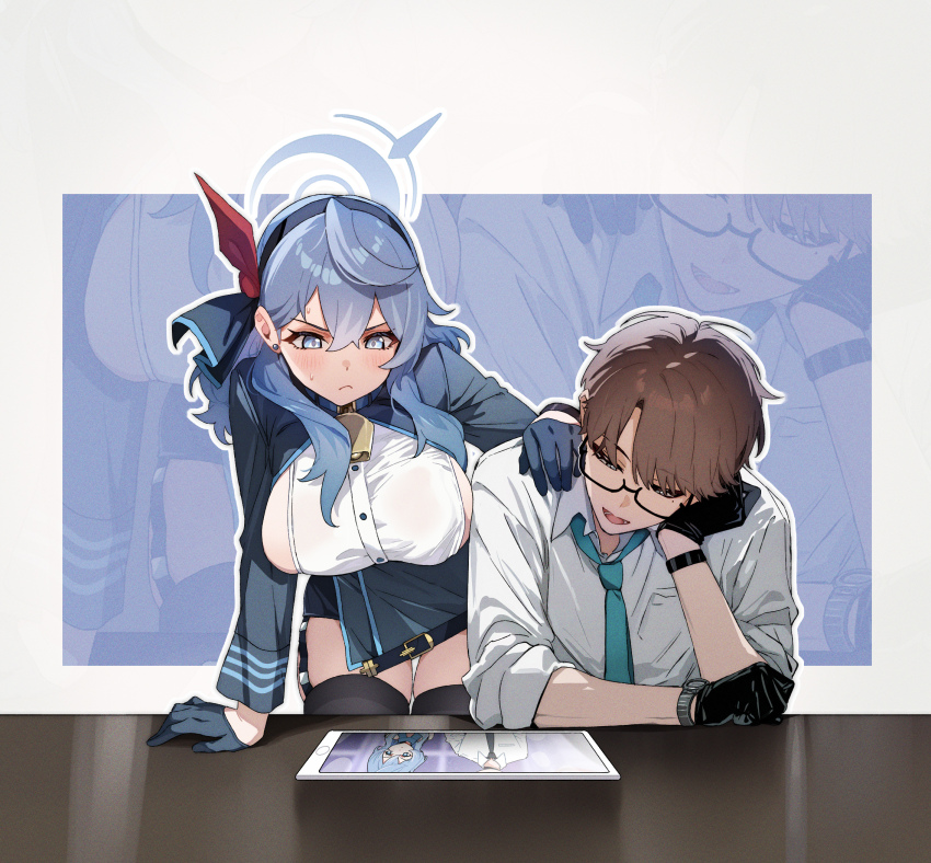 1boy 1girl ako_(blue_archive) ako_(dress)_(blue_archive) arm_on_table bell black010913 black_gloves black_thighhighs blue_archive blue_eyes blue_hair blue_necktie breasts brown_hair buttons chinese_commentary collared_shirt commentary_request cowbell earrings embarrassed glasses gloves hair_between_eyes halo highres jewelry long_sleeves mole mole_under_eye neck_bell necktie sensei_(blue_archive) shirt sideboob sweatdrop table tablet_pc thigh_gap thighhighs watch white_shirt wristwatch zoom_layer