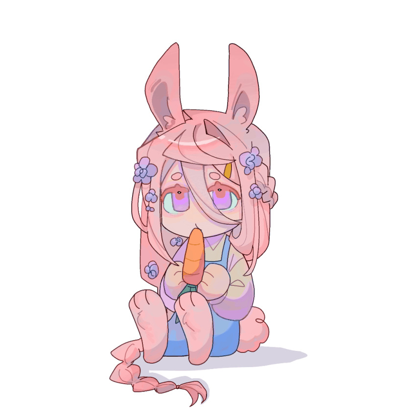 1boy 1other androgynous angry animal_ears animal_feet animated animated_gif animification blue_overalls braid carrot chibi chibi_only chinese_commentary commentary_request flower hair_between_eyes hair_flower hair_ornament holding humanization liuxingyeting long_hair long_sleeves male_focus minecraft_youtube origins_smp overalls pink_eyes pink_hair rabbit_boy rabbit_ears rabbit_tail shirt short_eyebrows single_braid sitting solo_focus tail technoblade technoblade_(bunny) very_long_hair white_background white_shirt