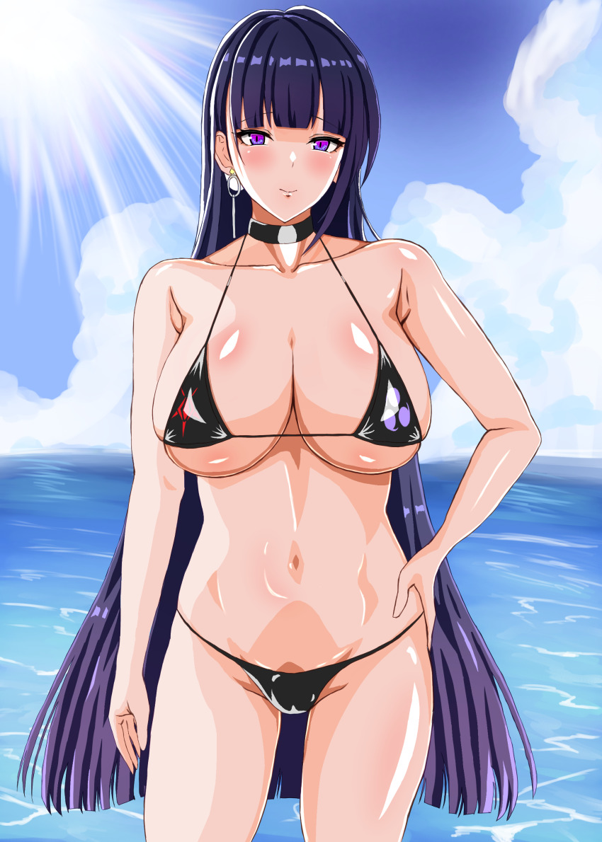 1girl absurdres bikini black_bikini black_choker blue_sky breasts choker cloud collarbone commentary_request earrings highres honkai_(series) honkai_impact_3rd jewelry large_breasts long_hair looking_at_viewer mordrex_art navel ocean outdoors purple_eyes purple_hair raiden_mei raiden_mei_(apho) sky solo stomach sunlight swimsuit thighs variant_set very_long_hair