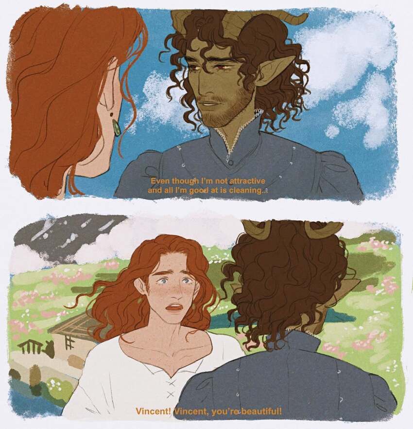 2boys arcanegold back beard_stubble blue_dress blue_eyes blue_sky body_freckles border brown_hair character_name chest_freckles cloud cloudy_sky colored_sclera colored_skin commentary cosplay cropped_arms crossdressing crossdressing_(mtf) curled_horns curly_hair demon_boy demon_horns dress dungeons_&amp;_dragons earrings english_commentary english_text eyelashes facial_hair fading_border field film_grain floating_hair flower flower_field freckles green_skin horns house howl_(howl_no_ugoku_shiro)_(cosplay) howl_no_ugoku_shiro howl_pendragon implied_yaoi jewelry juliet_sleeves lace_collar long_sleeves looking_at_another looking_down looking_to_the_side mandarin_collar multiple_boys multiple_views neck_freckles open_mouth orange_hair original parted_hair parted_lips pointy_ears puffy_sleeves red_eyes renaer_neverember_(arcanegold) sad shirt short_hair sideburns_stubble sky sophie_hatter_(howl_no_ugoku_shiro) sophie_hatter_(howl_no_ugoku_shiro)_(cosplay) stubble subtitled surprised teardrop_earrings teeth thick_eyebrows thick_lips tiefling tongue upper_teeth_only vincent_obra_(arcanegold) wavy_hair white_border white_shirt yellow_sclera yellow_text