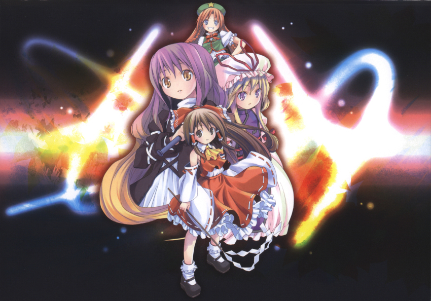 4girls ascot black_eyes blonde_hair blue_eyes bow braid brown_eyes brown_hair detached_sleeves dress gohei gradient_hair hair_bow hair_ornament hair_ribbon hair_tubes hakurei_reimu hat hat_ribbon highres hijiri_byakuren hong_meiling japanese_clothes juliet_sleeves long_hair long_sleeves looking_at_viewer looking_down mary_janes miko mob_cap multicolored_hair multiple_girls parted_lips pop puffy_sleeves purple_eyes purple_hair red_hair ribbon scan shirt shoes short_sleeves skirt skirt_set smile socks star_(symbol) tabard touhou turtleneck twin_braids two-tone_hair vest white_legwear wide_sleeves yakumo_yukari