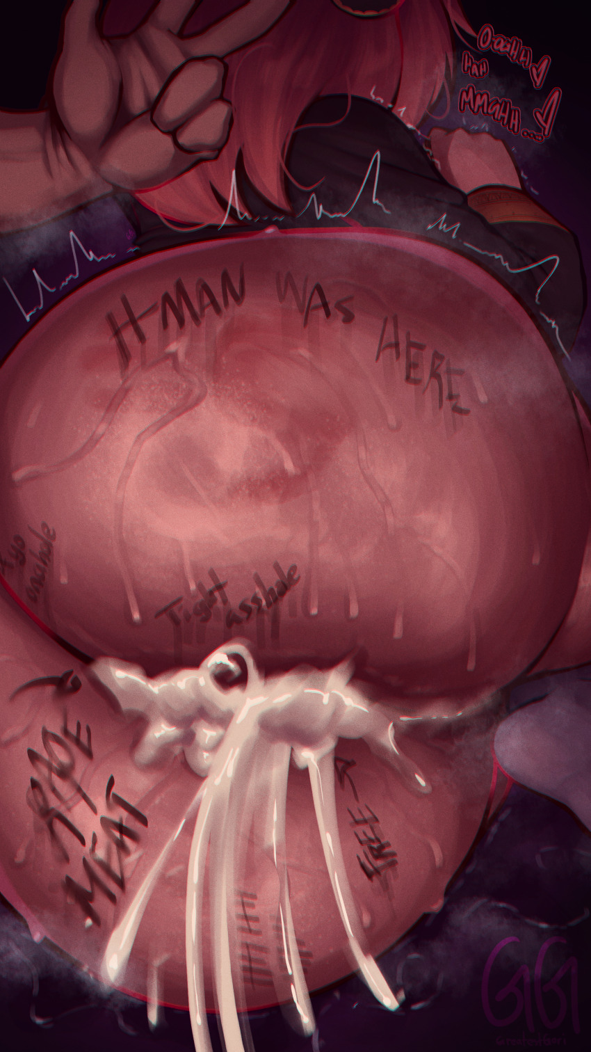 1boy 1girl absurdres after_anal aftersex anya_(spy_x_family) ass ass_focus body_writing bottomless cum cum_in_ass cumdrip eden_academy_school_uniform greatestgori hairpods highres huge_ass kyojiri_loli loli lying medium_hair no_panties on_side pink_hair plump school_uniform spanked spy_x_family steaming_body sweat thick_thighs thighs trembling v