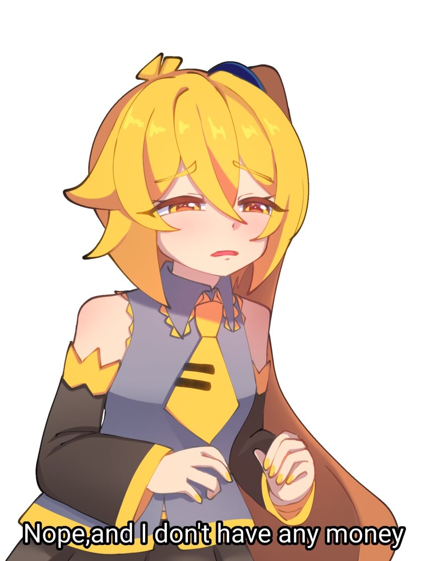 1girl akita_neru antenna_hair bare_shoulders black_skirt black_sleeves blonde_hair breasts commentary curled_fingers detached_sleeves double-parted_bangs english_text flipped_hair frown furrowed_brow grey_shirt hair_between_eyes hair_tie highres long_hair long_sidelocks long_sleeves nail_polish necktie open_mouth parody pleated_skirt saw_art06 scene_reference shirt short_necktie side_ponytail sidelocks simple_background skirt sleeveless sleeveless_shirt small_breasts solo subtitled symbol-only_commentary umamusume very_long_hair vocaloid white_background yellow_eyes yellow_nails yellow_necktie yellow_trim