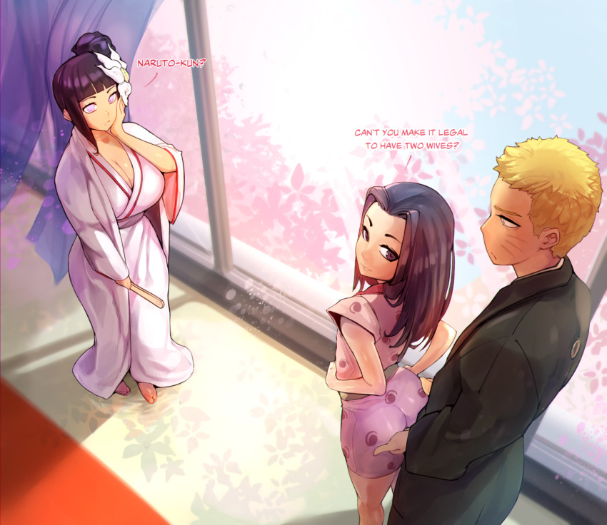 1girl 2boys ass ass_grab black_eyes black_hair blonde_hair blunt_bangs breasts cheating_(relationship) cleavage english_text facial_mark fingering fingering_through_clothes haku_(naruto) hand_fan hand_on_own_cheek hand_on_own_face height_difference highres holding holding_fan husband_and_wife hyuuga_hinata japanese_clothes kimono kokman large_breasts looking_back multiple_boys naruto:_the_last naruto_(series) netorare petite side_ponytail standing stealth_fingering through_clothes trap uzumaki_naruto whisker_markings yaoi