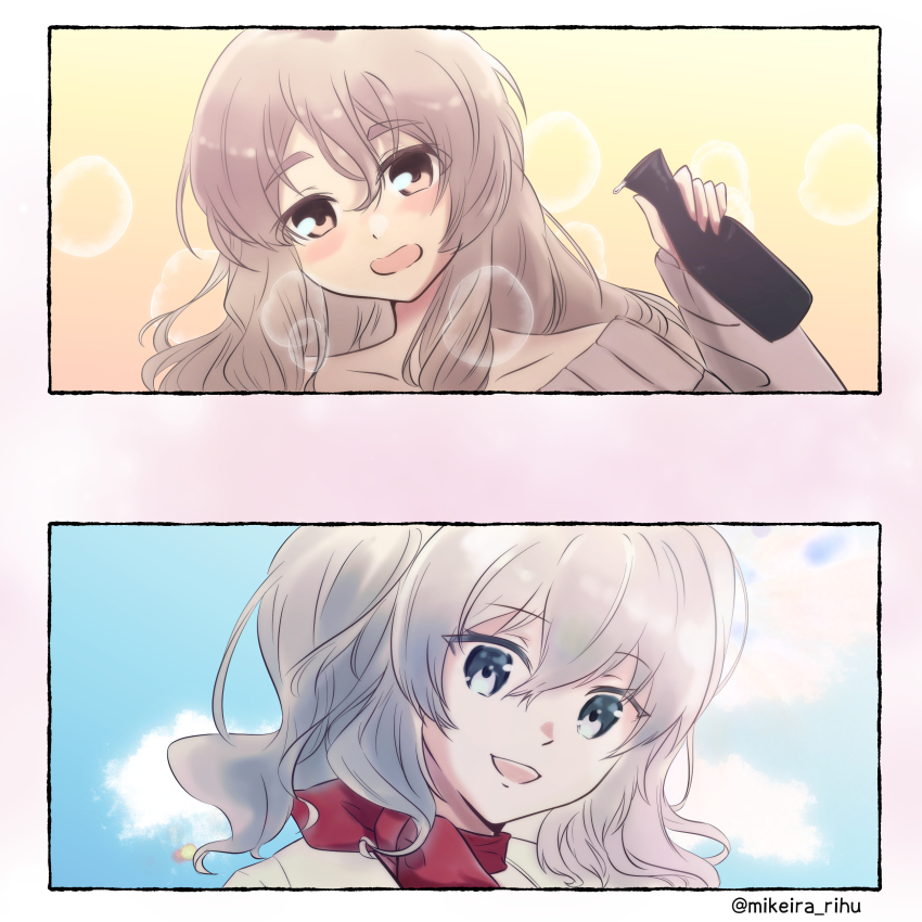 2girls absurdres bandana blue_eyes brown_eyes dress grey_hair highres kantai_collection kashima_(kancolle) kashima_(mitsukoshi)_(kancolle) long_hair mikeira_(mofumofu_saimin_club) multiple_girls pola_(kancolle) pola_(saury_festival)_(kancolle) red_bandana sweater sweater_dress thick_eyebrows tokkuri twintails twitter_username upper_body