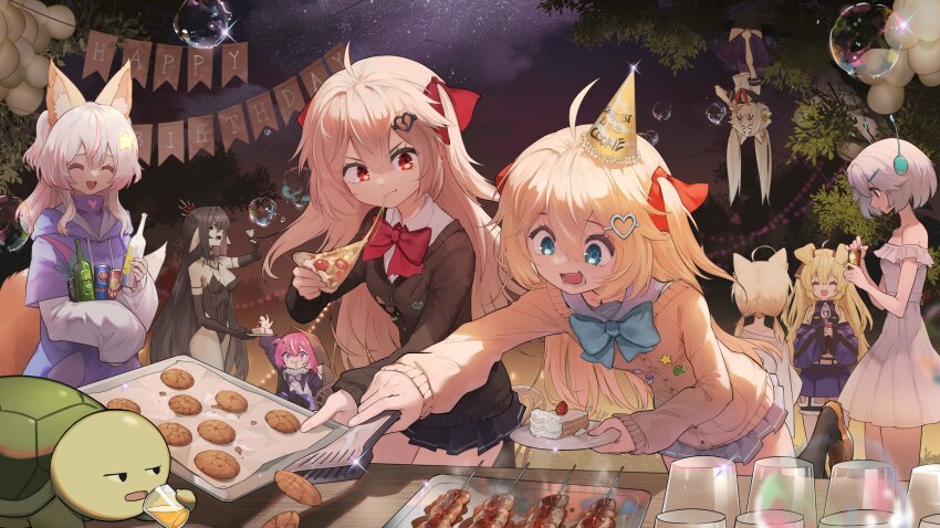 1boy 6+girls :3 absurdres ahoge alcohol animal_ears annytf antennae beer black_cardigan black_gloves black_hair black_horns black_leotard black_ribbon black_skirt black_thighhighs blonde_hair blowing_bubbles blue_bow blue_bowtie blue_eyes blue_sailor_collar blue_skirt bow bowtie broken_heart broken_heart_hair_ornament camila_(vtuber) can cardigan cat_ears cat_girl cerber_(vtuber) closed_eyes closed_mouth commentary cookie cowboy_shot cup dog_ears dog_girl dress dress_shirt eating ellie_minibot english_commentary evil_neuro-sama filian_(vtuber) food food_request fox_ears fox_girl fox_tail gloves green_eyes hair_between_eyes hair_ornament hair_ribbon hanging_from_tree happy_birthday hat heart heart_hair_ornament highres holding holding_can holding_cup holding_food holding_pizza holding_plate horns indie_virtual_youtuber layna_lazar leotard long_hair long_sleeves minikomew miniskirt multicolored_hair multiple_girls neckerchief neuro-sama night open_mouth outdoors party_hat pink_hair pizza plate pleated_skirt pointy_ears purple_dress purple_eyes purple_shirt purple_sweater red_bow red_bowtie red_eyes red_neckerchief ribbon sailor_collar school_uniform serafuku shirt short_hair skirt skirt_tug soap_bubbles star_(sky) streaked_hair sweater syringe_hair_ornament tail tanziya_(codlxcold) thighhighs tree turtle upside-down v-neck vedal987 vedal_ai very_long_hair white_dress white_hair white_serafuku white_shirt wide_shot yellow_cardigan