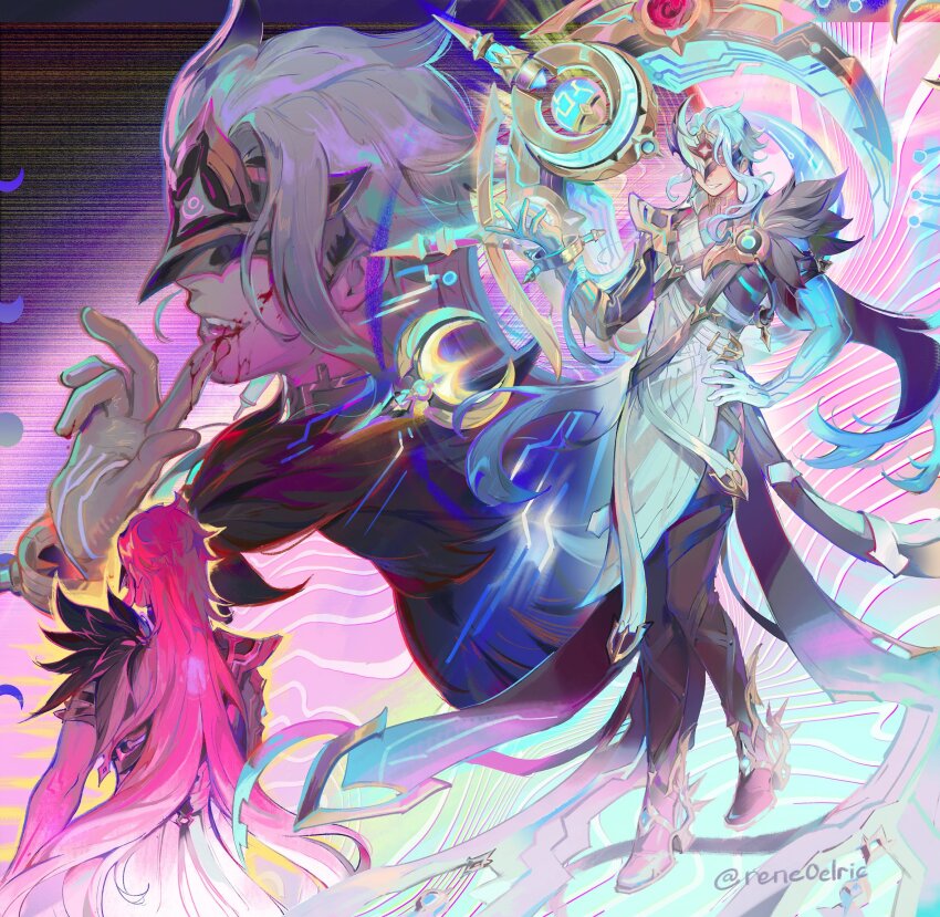 1boy arm_strap artist_name black_boots black_pants blood blood_on_face blue_hair boots chest_harness coat commentary covered_eyes crescent dottore_(genshin_impact) dottore_(heretic_of_the_false_moon)_(genshin_impact) earrings english_commentary eye_mask facing_away feather_trim finger_to_mouth from_behind genshin_impact gold_trim grin halo halo_behind_head hand_on_own_hip hand_up harness highres jewelry long_hair male_focus mask mechanical_halo moon_phases multiple_views open_mouth pants profile reneelric ribbon single_earring smile teeth twitter_username upper_teeth_only very_long_hair white_coat white_ribbon