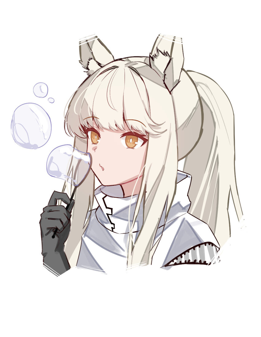 1girl animal_ear_fluff animal_ears arknights black_gloves blowing blowing_bubbles bright_pupils commentary cropped_shoulders english_commentary gloves grey_hair highres holding jacket long_hair platinum_(arknights) ponytail puckered_lips sidelocks simple_background soap_bubbles solo sparks_summer white_background white_jacket white_pupils yellow_eyes