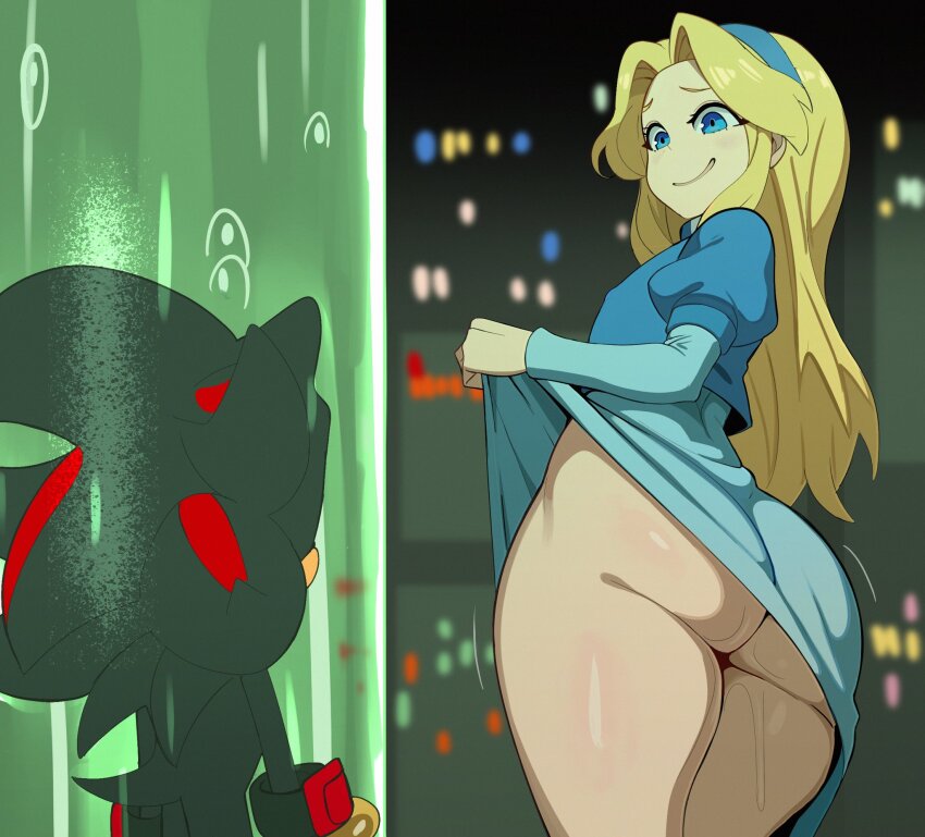 1boy 1girl animal_ears animal_nose apathynsfw ass black_fur blonde_hair blue_dress blue_eyes blue_hairband blush body_fur closed_mouth clothes_lift dress dress_lift from_behind hairband hereapathy hetero highres kyojiri_loli layered_sleeves lifting_own_clothes loli long_hair long_sleeves maria_robotnik no_panties outdoors presenting puffy_sleeves pussy_juice red_eyes shadow_the_hedgehog short_over_long_sleeves short_sleeves smile sonic_(series) standing thighs tongue two-tone_fur