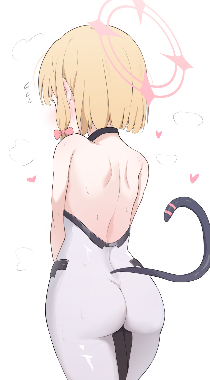 1girl absurdres ass back backless_outfit bare_shoulders black_tail blonde_hair blue_archive blush bodysuit bow cat_tail cowboy_shot ear_blush facing_away fake_tail flying_sweatdrops from_behind hair_bow heart highres loli low-tied_sidelocks median_furrow momoi_(battlesuit)_(blue_archive) momoi_(blue_archive) paid_reward_available pink_bow pink_hair short_hair shoulder_blades sidelocks simple_background solo tail tail_raised white_background white_bodysuit yukin_(yukin8210)
